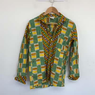 Yevu Green Yellow Pattern Long Sleeve Shirt Size M 