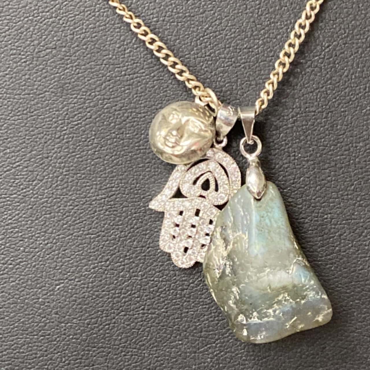 Sterling silver long chain and 3 boho pendants (s)