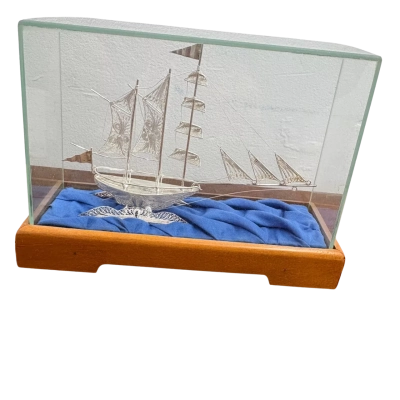 Vintage Indonesian Silver Filigree Sailing Ship MODEL in Clear Glass Case