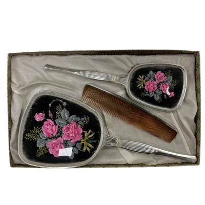 Vintage plastic hair brush, comb and mirror set in box