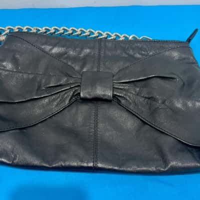 Leona Edmonstone Black Leather Handbag w/  Bowtie Detail Chunky Silver Chain