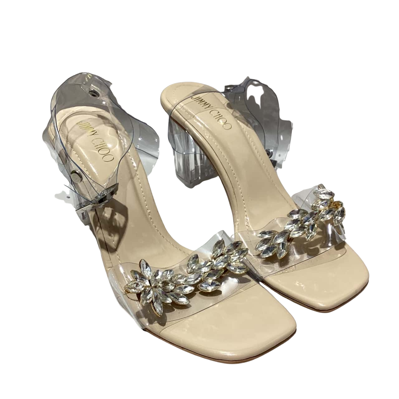Womens Size 39 transparent Bejeweled Heels (s)