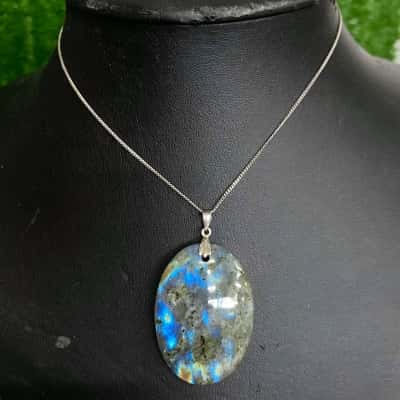Sterling Silver Blue Iridescent Stone Necklace (Chain Stamped 925)