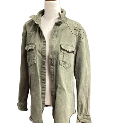 Zara - Size M Distressed Denim Jacket - Olive 