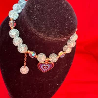  Women’s Blue Crackle Glass Stretch Beaded Bracelet with Heart Charm 