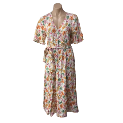 Piping Hot Womens Size 10 Cream / Orange / Green / Pink Floral Short Sleeve Maxi Dress 