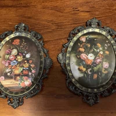 Pair of Vintage Italian Ornate Brass Wall Plaques - Dutch Master Style Floral Fabric Miniatures