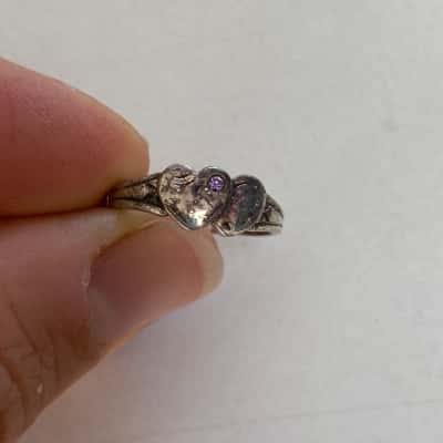 925 Sterling SIlver Double Heart Small Purple Stone Ring 