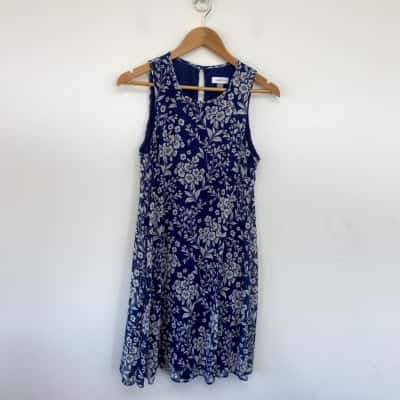 Calvin Klein Blue White Floral Sleeveless Mini Dress Size 10 