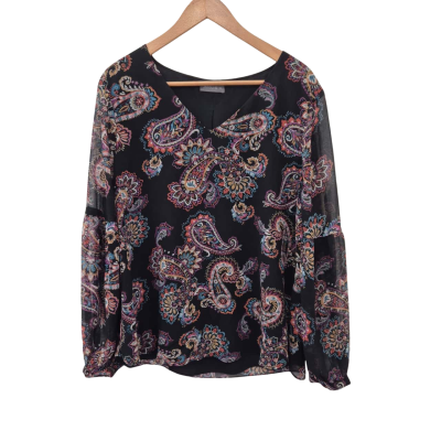 Jacqui-E Womens Long Sleeve Shirt Black  / Pattern Sheer Sleeves S:18