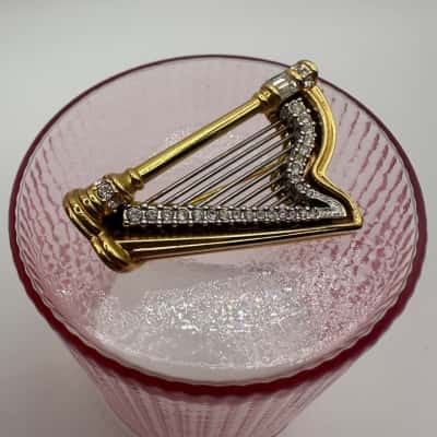 Vintage Swarovski Crystal Gold Tone Harp Brooch 