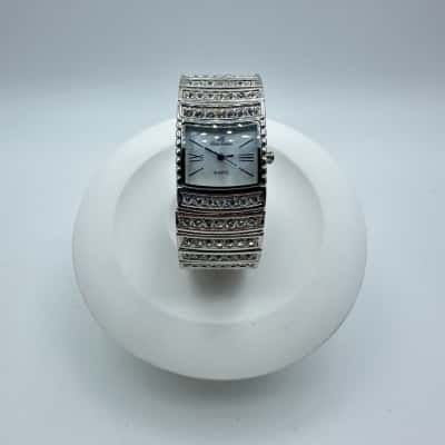  Blue Sisters Silver tone & Clear Rhinestone Watch w/Mother of Pearl Dial (untested)