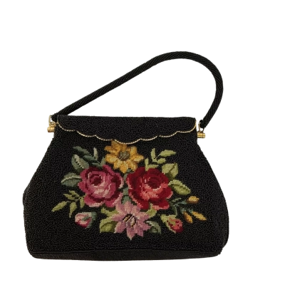 Vintage Hand Beaded Purse in Black and Colourful Roses Gold Tone Hardware Bag 1960s 