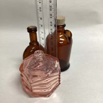 Lot of 3 Mini Glass Bottles Pink and Amber