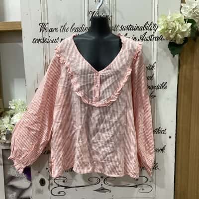 Lunar Fox Brand! 100% PURE LINEN V-NECK LONG SLEEVE SHIRT! BNWT RRP $239.00! Womens  Size 16 Long Sleeve Shirt / Long Sleeve Top / V-Neck Top Orange / Pattern / Pinstriped / White 