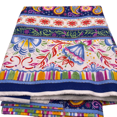 Cotton ?mix.  110 (w) x 300 (L) cm approx.  Folk print, multicoloured.