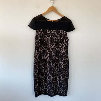 Dorothy Perkins Black Beige Floral Lace Short Sleeve Midi Dress  Size 12