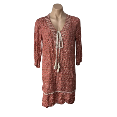 Talisman Womens Size M Coral / Mauve / Cream / Brown Patterned 3/4 Sleeve V-Neck Dress 