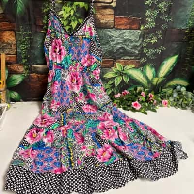 Katies Womens  Size 12 Floral / Multicoloured Moroccan Border Tiered Dress