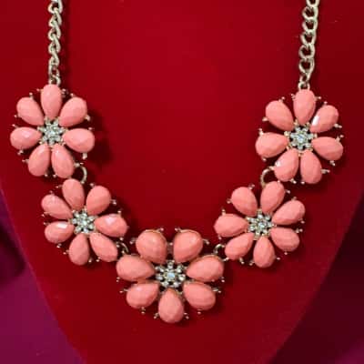  Women's Statement Necklace featuring Coral Coloured Flower Shape with Rhinestone Centers