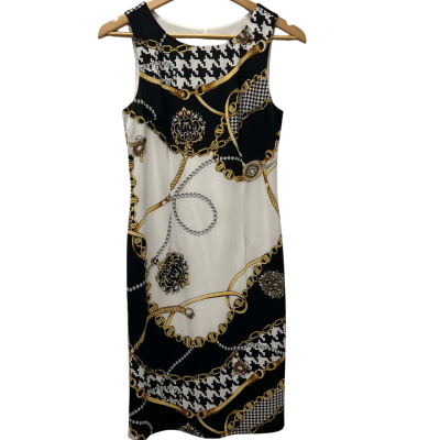 Joseph Ribkoff Womens  Size 6 Midi Dress / Sleeveless Dress  Black  / Gold / White 