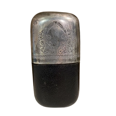 Antique Floral Silver Plate and Glass Hip Flask