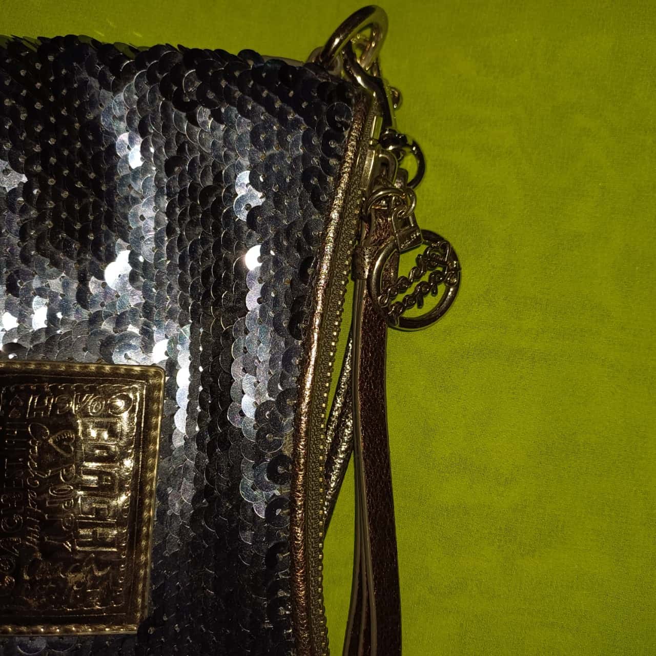 COACH Sequin Blue Silver Leather Cross body Bag POPPY Pouch Dark