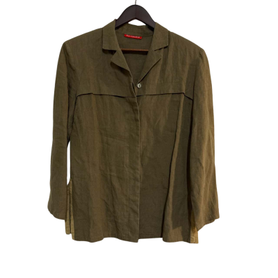 alain manoukian Womens Relaxed Tie-Back Structured Collar Button-Front Utilitarian Linen Top Size L / M Button Up Top Olive 