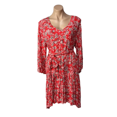 Seed Heritage Womens Size 8 Red / White / Beige / Black / Floral V-neck Midi Dress 