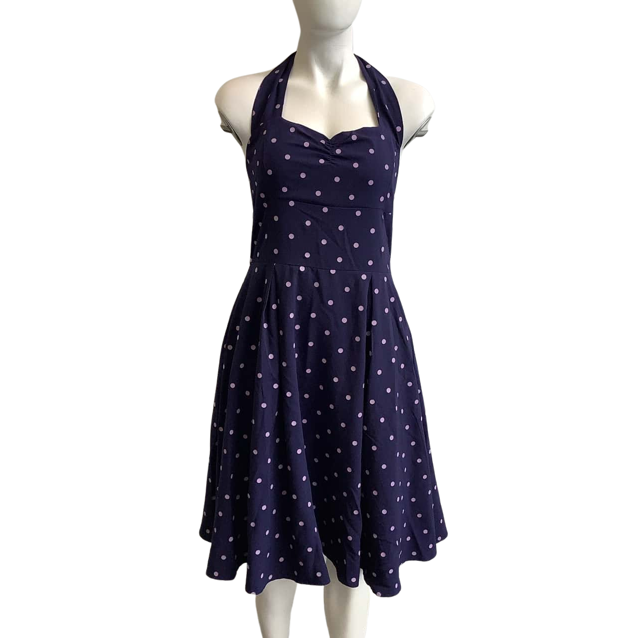 revival-women-s-size-14-midi-halter-neck-dress-navy-blue-white-polka