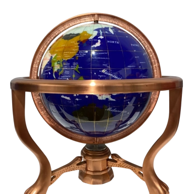 4” Gemstone World Globe Semi-Precious Stone Inlay On Copper Metal Footed Stand