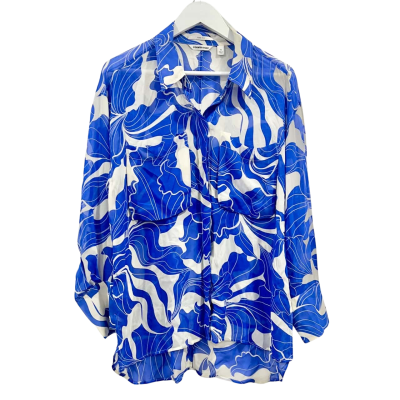 Country Road 100% SILK Blue White Pattern Size 14 Long Sleeve Shirt 