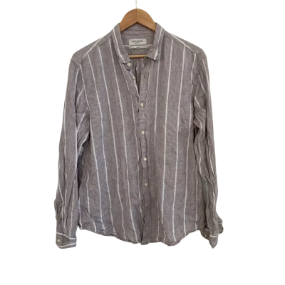 Industrie Mens Linen Size L Long Sleeve Shirt Grey / Striped / White 