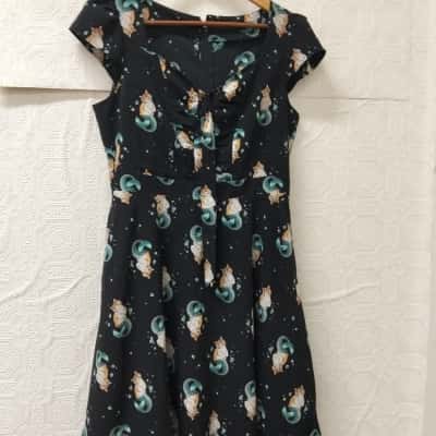 Dangerfield Womens  Size 14 Black  Mermaid-Cats Printed Dress VGUC  