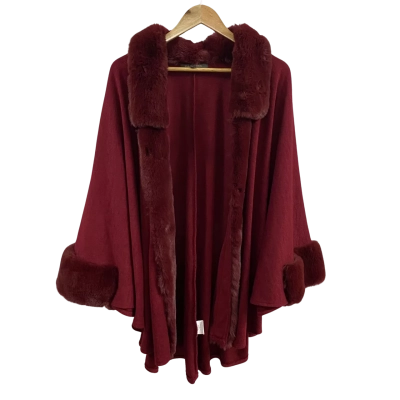Liz Jordan Womens  Size L / XL Faux Fur Trim Poncho Cardigan Burgundy Red