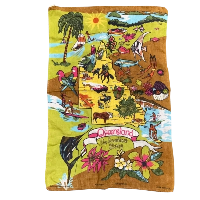 Vintage Tea Towel Souvenir of Queensland Sunshine State 