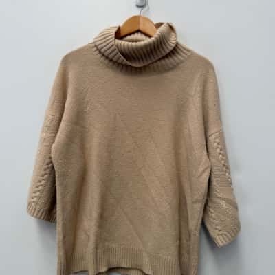 Trenery Beige Alpaca/Wool Blend Short Sleeve Roll Neck Jumper - Size L  