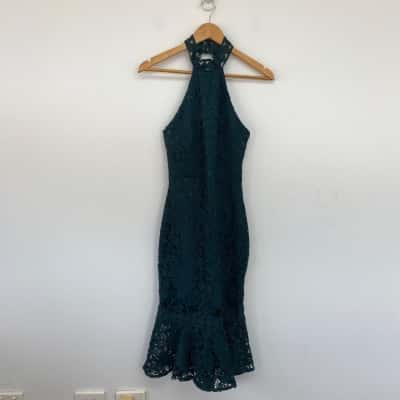Two Sisters Dark Green Floral Lace Halter Neck Midi Dress Size 8 