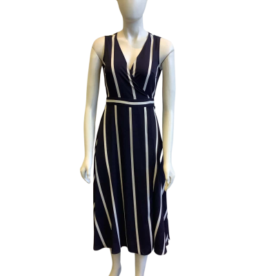 Witchery Women's Size 6 Sleeveless Midi Wrap Dress Navy Blue & White Striped 