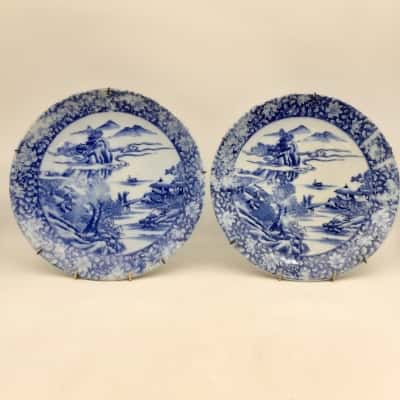 Pair of Antique Japanese Blue and White Plates/Chargers