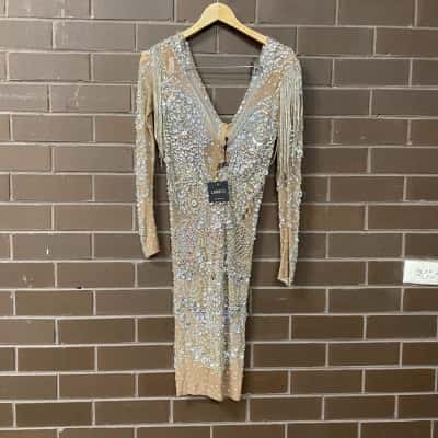 BNWT Loreta Womens Size L Sheer Beaded Cocktail Dress Nude / Silver 
