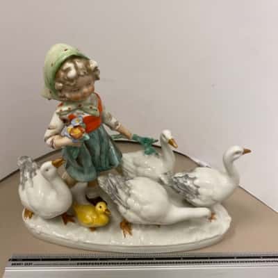 1950 German Girl with Geese Figurine Statuette 