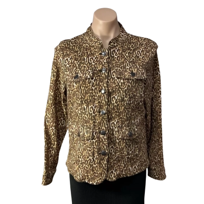 Katies Womens Size 12 Beige / Brown Leopard Print Button up Collarless Jacket