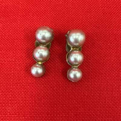  Women's Vintage Japan Gold Tone Metal Faux Pearl Clip On Earrings 