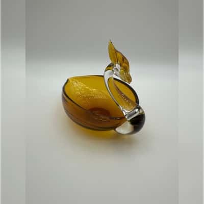 Vintage Swan Amber Art Glass Trinket Dish