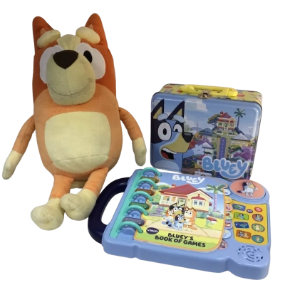 Bluey Plush Toy, Book of Games and Lunch box as pictured