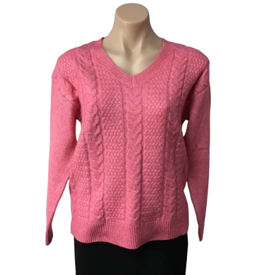 Suzannegrae Womens Size XXS Pink Cable Pattern V-Neck Jumper Pattern / Pink  