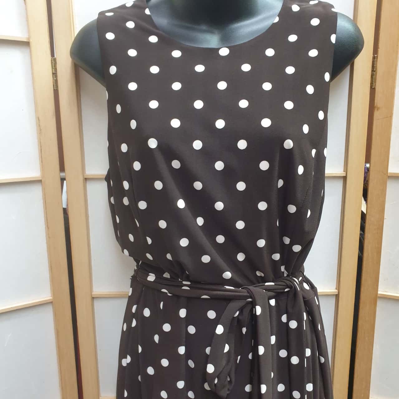 Lauren By Ralph Lauren Size 10 Brown / White Polka Dot Print Sleeveless Dress With Self Tie Belt(s) - Used Very Good | Salvos Stores Lauren By Ralph Lauren Size 10 Brown / White Polka Dot Print Sleeveless Dress With Self Tie Belt(s) - Used Very Good | Salvos Stores