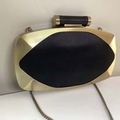 Olga Berg Black Satin Evening Clutch Bag with Brushed Gold Geometric Frame & Chain Strap