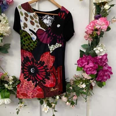 Desigual Womens  Size 12 Short Sleeve Top Black  / Multicoloured 